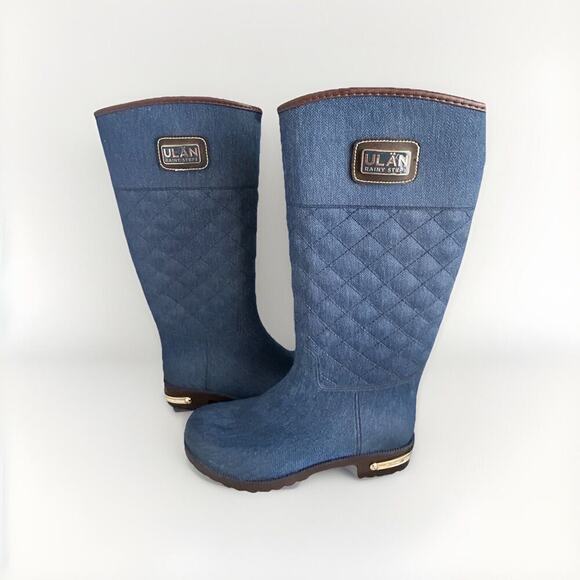 New Ulan Rainy Steps Women’s Size 10 Tall Rain Boots Quilted Macys Jessie Denim - Picture 1 of 16